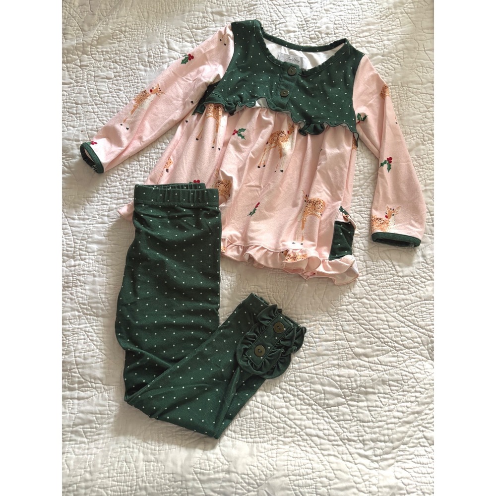 SweetHoney Girls Ruffle Set Size 4T Up On The Rooftop Christmas Print Boutique